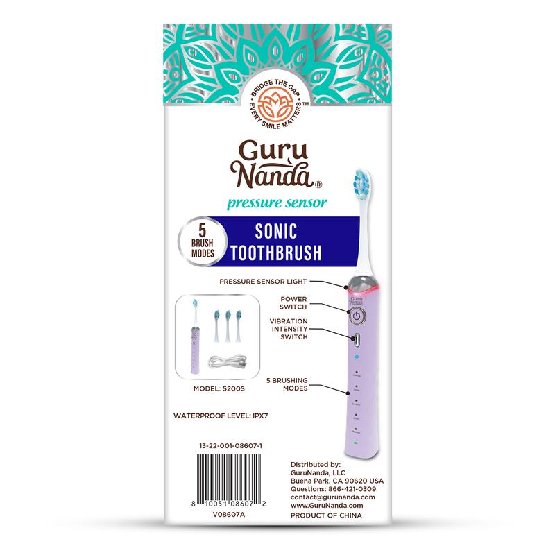 GuruNanda Lavender Pressure Sensor Sonic Electric Toothbrush - Rechargeable with 5 Modes, Memory Function, 2-Min Smart Timer & 4 Replacement Heads