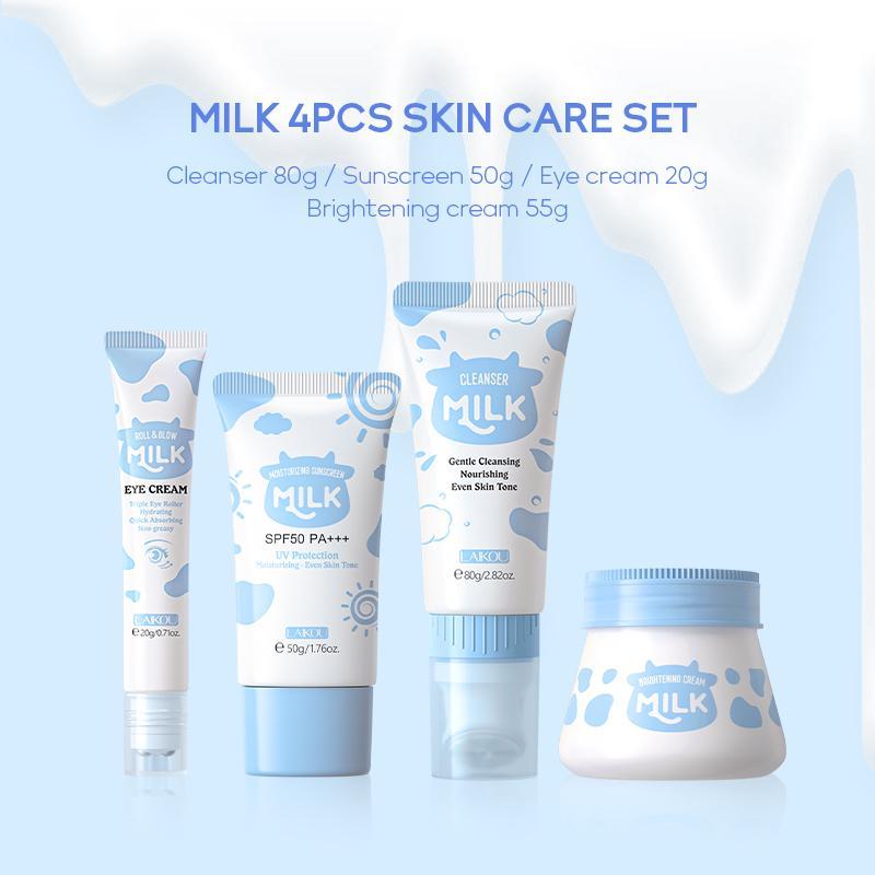 Comfort Milk Essence Skin Care Kit, 4 Counts Including 1 Count Cleanser & 1 Count Eye Cream & 1 Count Cream & 1 Count Sun Protection Products, Moisturizing Summer Facial Skin Care for Women & Girls