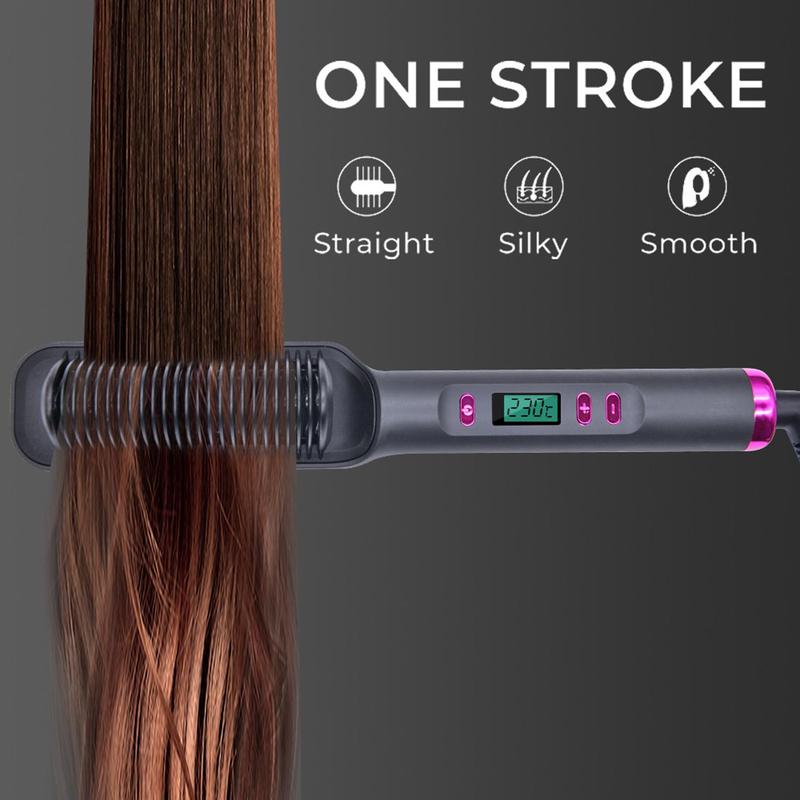 Electric Hair Straightener Brush, Multi-Purpose Hot Comb For Straightening & Curling,Dual Voltage,Wet & Dry Use,Anti-Frizz,With Temperature Control And Auto Shut-off Function