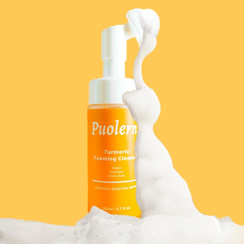 NEW-150ml-Puolern Turmeric + Kojic Acid Foaming Facial Cleanser + Silicone Brush Cleansing Skincare Comfort Skin Repair