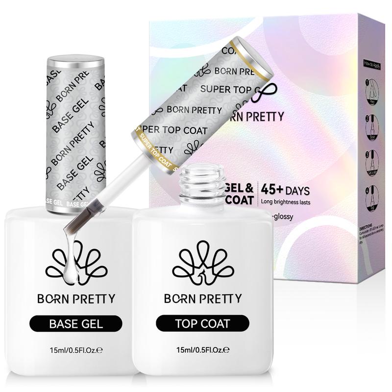 BORN PRETTY Gel Top Coat,15ml Gloss Base and Top Coat Set, No Wipe Super Top Coat Not Chip or Peel and Long Lasting Base Gel Top Coat for Nail Art Nail Polish Nail Care