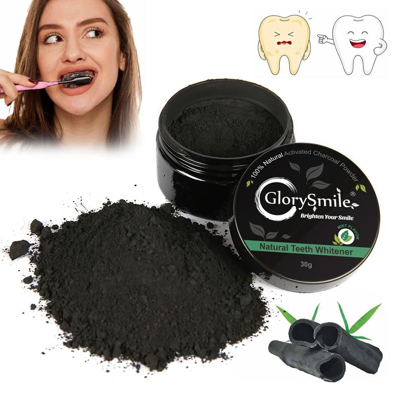 GlorySmile Teeth Whitening Powder 100% Organic Activated Charcoal Teeth Whitening Powder+Bamboo Toothbrush  30g Coconut Charcoal, Effective Teeth Stain Remover and Toothpaste Alternative Fresh Mint  Lemon Rose teeth  whitening