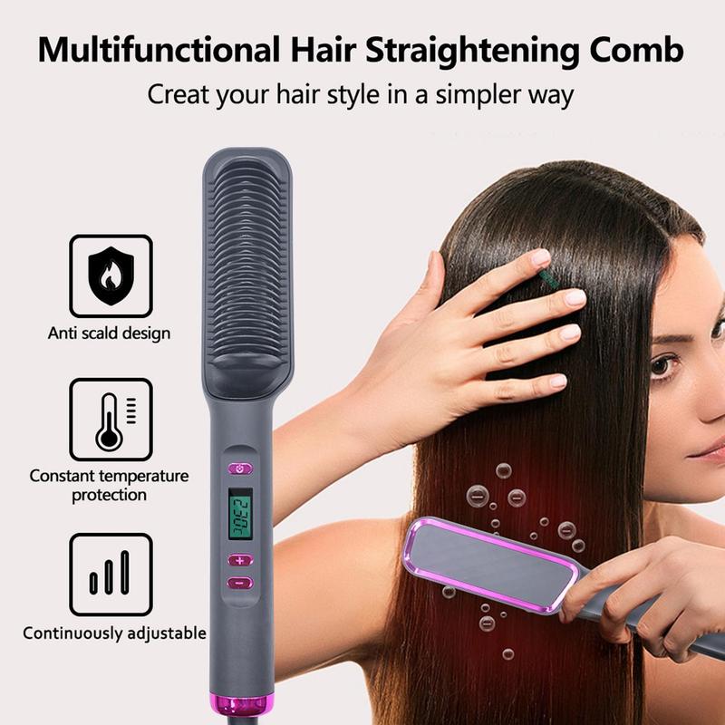 Electric Hair Straightener Brush, Multi-Purpose Hot Comb For Straightening & Curling,Dual Voltage,Wet & Dry Use,Anti-Frizz,With Temperature Control And Auto Shut-off Function