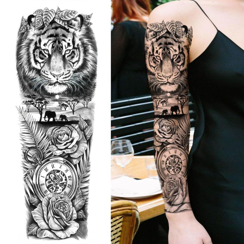 Flower & Tiger Pattern Temporary Tattoo Sticker, 1 Count Waterproof Long Lasting Fake Tattoo Sticker, Body Art Sticker for Women & Men