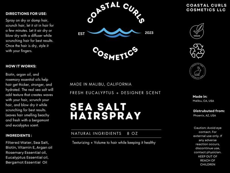 Coastal Curls Sea Salt Spray Haircare curling texturizing Cosmetic Organic Scented Rosemary Eucalyptus Argan Scent