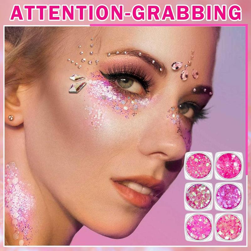 6 Color Body Glitter Face Glitter Gel Pink Face Glitter Makeup Holographic Sequins Glitter Gel for Face Body Hair Nail Lip Glitter Gel