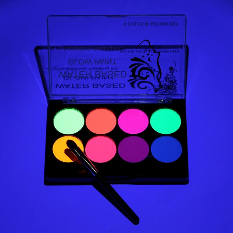 8 Bright Colors Neon Fluorescent Body Painting Palette, Water Activated Eyeliner, Water Based Glow In The Dark Party Halloween Washable for Kids Adult Body Paint Makeup Cosmetic