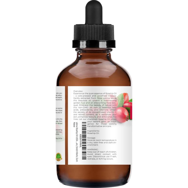 velona Rosehip Oil - 4 Fl Oz in Glass Bottle | 100% Pure and Natural Carrier Oil| Unrefined, Cold Pressed | Moisturizing Face, Hair, Skin, Scars, Stretch Marks