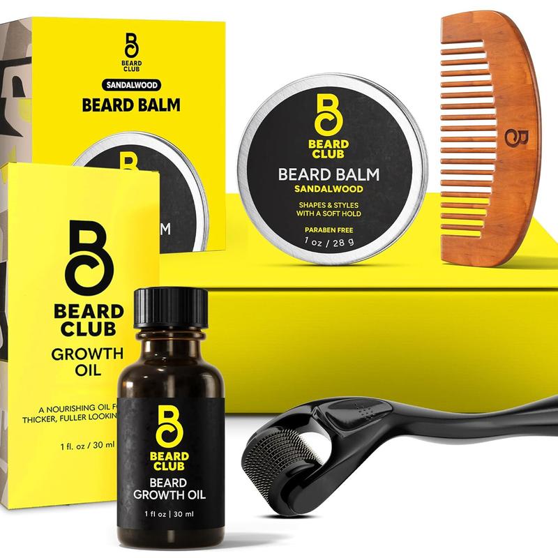 The Beard Club Beard Growth Kit - Derma Roller, Beard Growth Oil, Sandalwood Beard Balm, Beard Comb - Gift Set Hair Care Blend