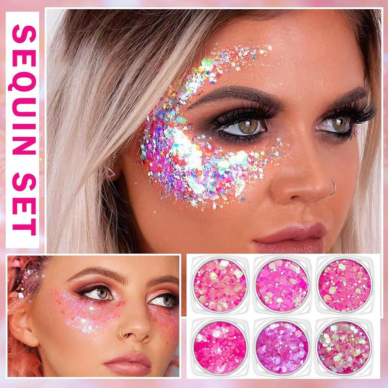 6 Color Body Glitter Face Glitter Gel Pink Face Glitter Makeup Holographic Sequins Glitter Gel for Face Body Hair Nail Lip Glitter Gel