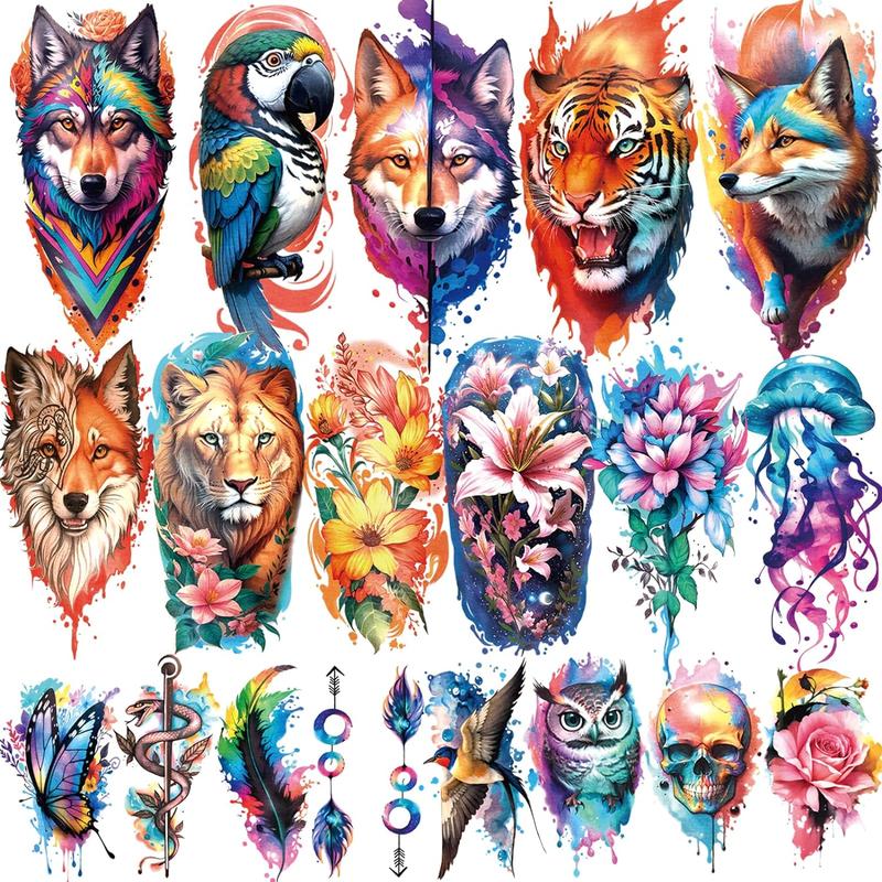 77 Sheets Temporary Tattoo 17 Sheets Half Arm Flower Lion Tiger Cat Owl Parrot Fake Tattoos for Adults Shoulder Neck 60 Sheets Tiny Waterproof Temporary Tattoos Realistic for Women Girls and Kids