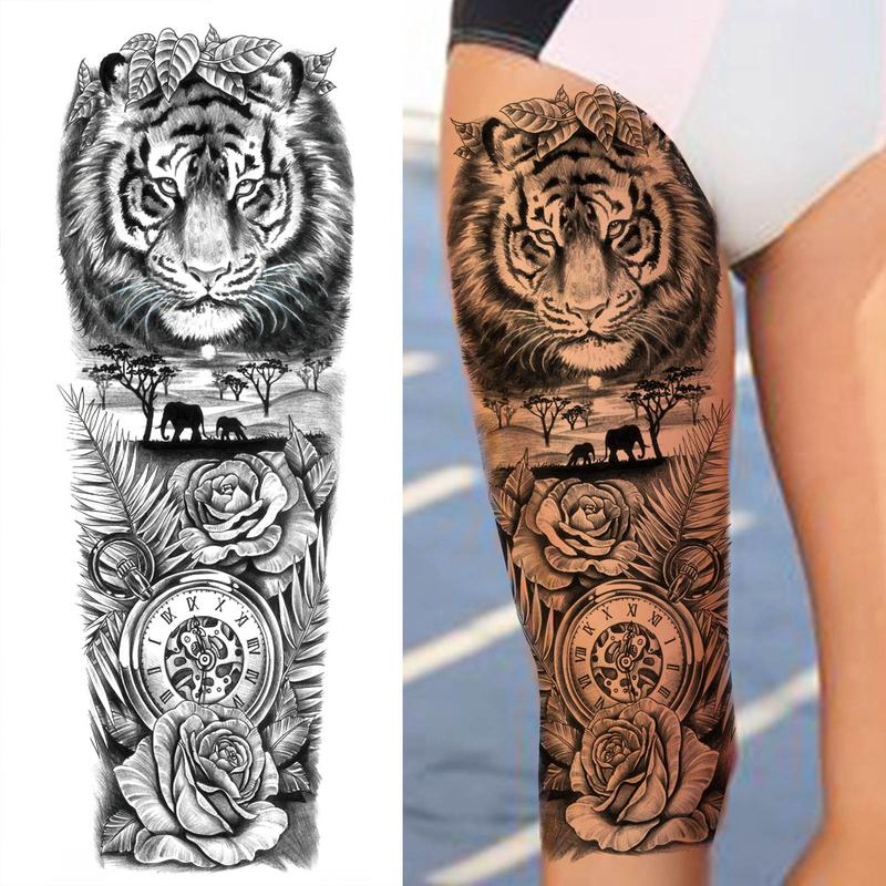 Flower & Tiger Pattern Temporary Tattoo Sticker, 1 Count Waterproof Long Lasting Fake Tattoo Sticker, Body Art Sticker for Women & Men