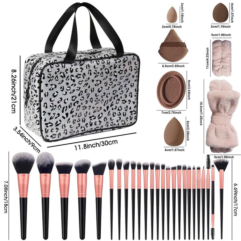 Makeup Tools Set, 25 Makeup Brushes & 8 Sponge & 1 Headband & 2 Wristband & 4 Triangle Puff & 4 Finger Puff & 1 Brush Cleaning Tray & 1 Waterproof Makeup Bag