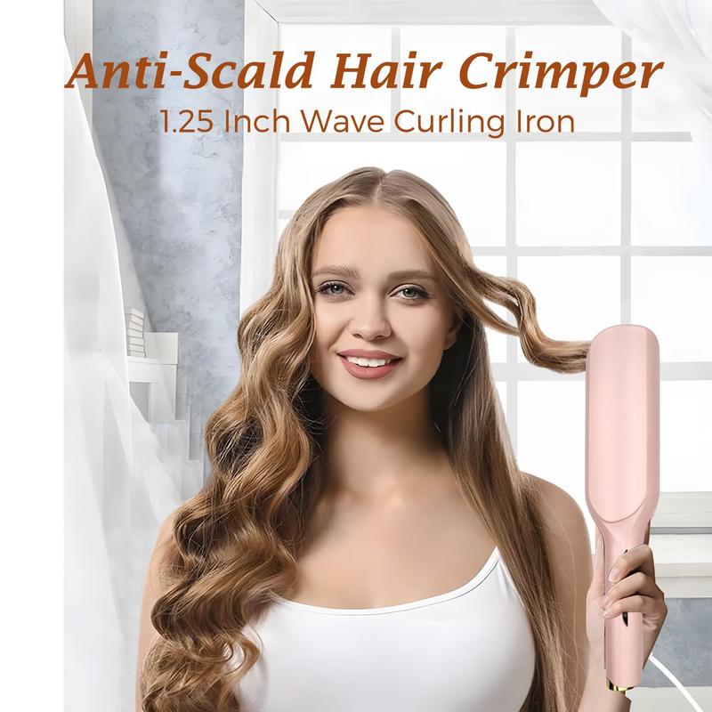 Crimper Curling Iron, 2 Barrel Hair Waver Anti-Scald, 1.25Inch 32mm Rapid Heating Curler, 5 Temp Adjustable Wand for Mid-length and Long Hair