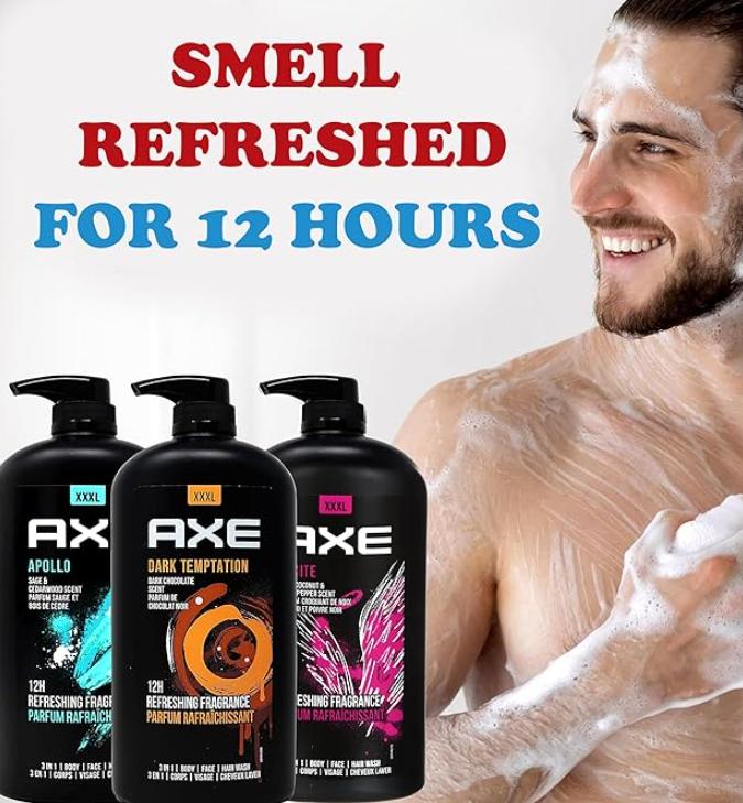 Axe Men's Body Wash Variety Set, Set of 3 Scents, Axe Dark Temptation, Apollo and Excite Body Wash, 3in1 Body and Face Wash in Pump Bottle, 33.8 Ounce Each Body Care Blend