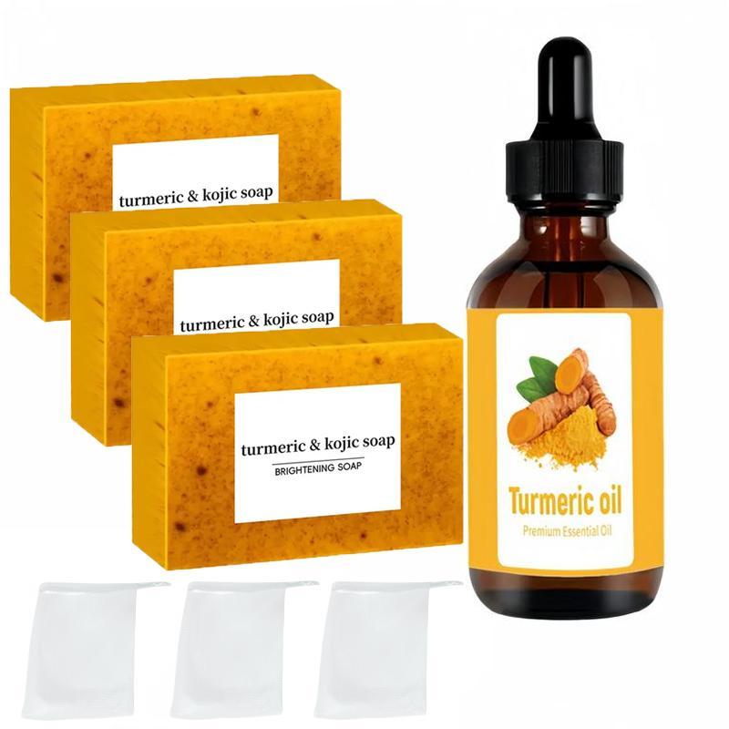 Turmeric Soap & Essential Oil Set, 7 Counts set Moisturizing Gentle Soap Bar & Essential Oil & Foaming Net, Multifunctional Facial Care Products, Christmas Gift