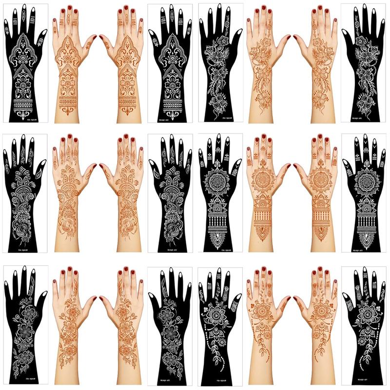 Henna Tattoo Stencil Kit,12 Sheets Stickers for Henna Tattoo Hand Forearm Glitter Airbrush Tattooing Template, Large Indian Temporary Tattoo Stickers