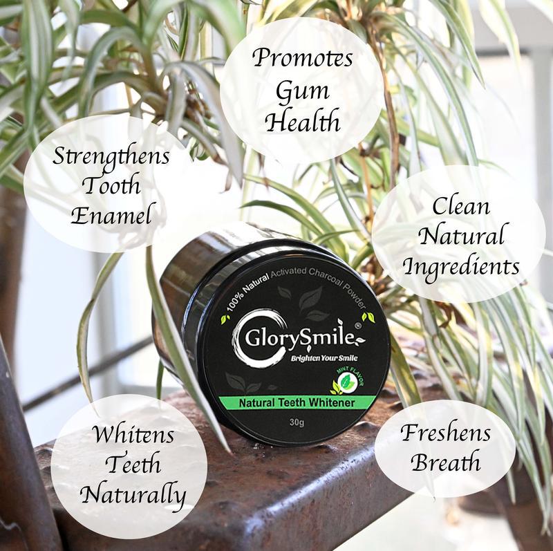 GlorySmile Teeth Whitening Powder 100% Organic Activated Charcoal Teeth Whitening Powder+Bamboo Toothbrush  30g Coconut Charcoal, Effective Teeth Stain Remover and Toothpaste Alternative Fresh Mint  Lemon Rose teeth  whitening