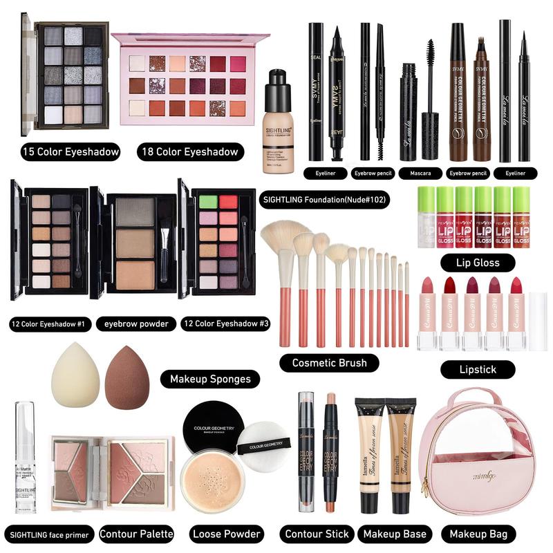 All In One Makeup Kit, Travel Makeup Kit, Makeup Gift Set, Makeup Kit for Women Full Kit, Makeup Bundle Includes Foundation Eyeshadow Palette Lipstick Eyeliner Mascara Contour Stick Cosmetic Brush Set