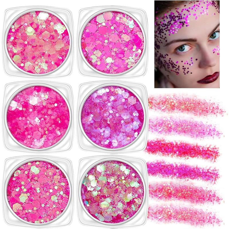 6 Color Body Glitter Face Glitter Gel Pink Face Glitter Makeup Holographic Sequins Glitter Gel for Face Body Hair Nail Lip Glitter Gel