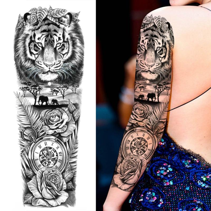 Flower & Tiger Pattern Temporary Tattoo Sticker, 1 Count Waterproof Long Lasting Fake Tattoo Sticker, Body Art Sticker for Women & Men