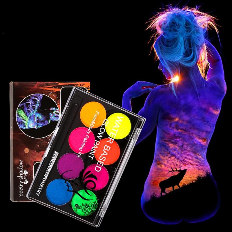 8 Bright Colors Neon Fluorescent Body Painting Palette, Water Activated Eyeliner, Water Based Glow In The Dark Party Halloween Washable for Kids Adult Body Paint Makeup Cosmetic