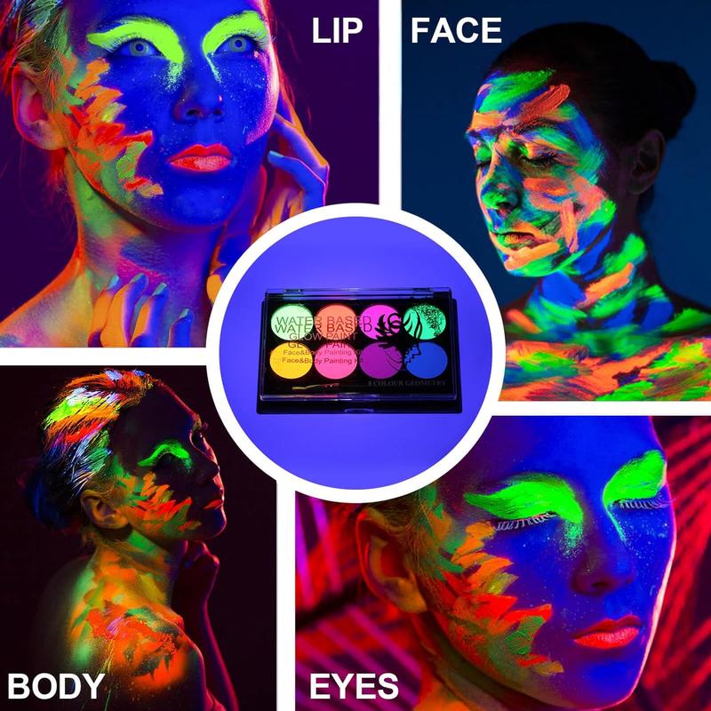 8 Bright Colors Neon Fluorescent Body Painting Palette, Water Activated Eyeliner, Water Based Glow In The Dark Party Halloween Washable for Kids Adult Body Paint Makeup Cosmetic