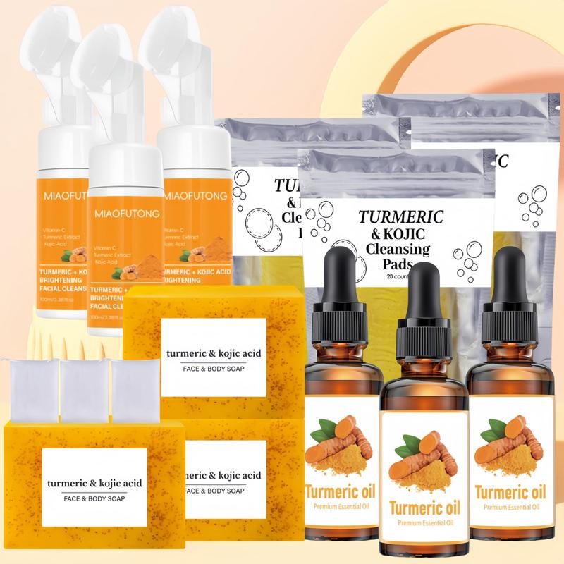 Turmeric Kojic Acid Soap & Cleansing Pads & Mousse Cleanser & Turmeric Oil & Cream Set, Deep Cleansing & Nourishing Skin Care Kit for Women & Men