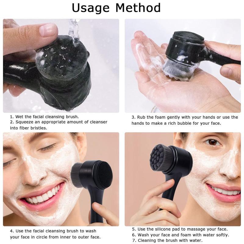 Face Brush 2 1, Facial Cleansing Exfoliating Scrubber Brush, Silicone Side Manual Face Wash Scrub Brush with Soft Bamboo Charcoal Fiber Deep Pore Cleansing, Massaging, Skin