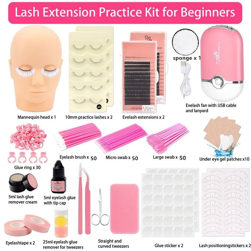 Lash Eyelash Extension Kit, Lash Kit for Eyelash Extension Beginners, with Mannequin , Individual Lash Glue, Eyelash Remover, Fan, Lash Extension Supplies Tools for Practice