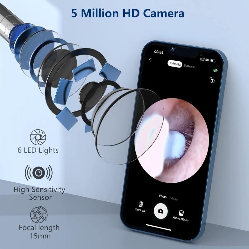 Earwax removal - Earwax removal tool - Ear cleaner with camera - Earwax removal kit with light - Ear camera with 6 ear picks - Ear cleaner for iOS and Android