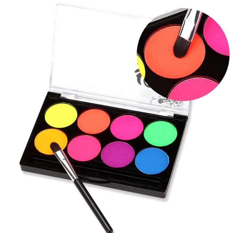 8 Bright Colors Neon Fluorescent Body Painting Palette, Water Activated Eyeliner, Water Based Glow In The Dark Party Halloween Washable for Kids Adult Body Paint Makeup Cosmetic