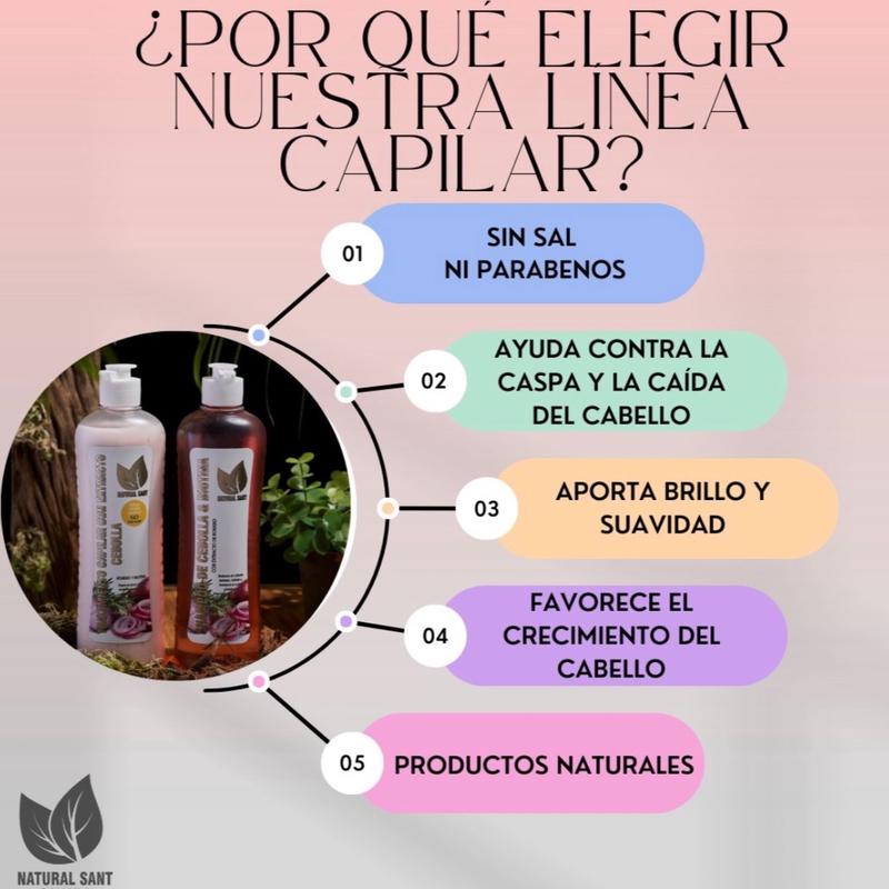 Natural Sant-Shampoo y tratamiento de cebolla, romero y biotina Silicone Free Organic Haircare 16 Fl OZ 500ml, Onion shampoo and leave in conditioner