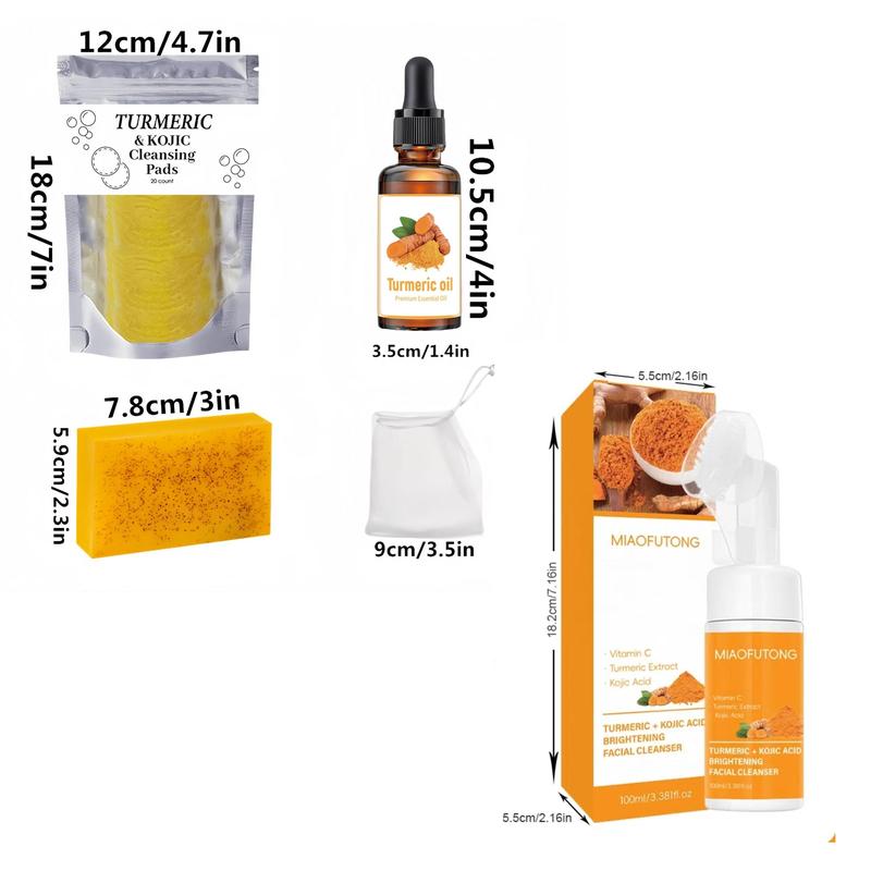 Turmeric Kojic Acid Soap & Cleansing Pads & Mousse Cleanser & Turmeric Oil & Cream Set, Deep Cleansing & Nourishing Skin Care Kit for Women & Men