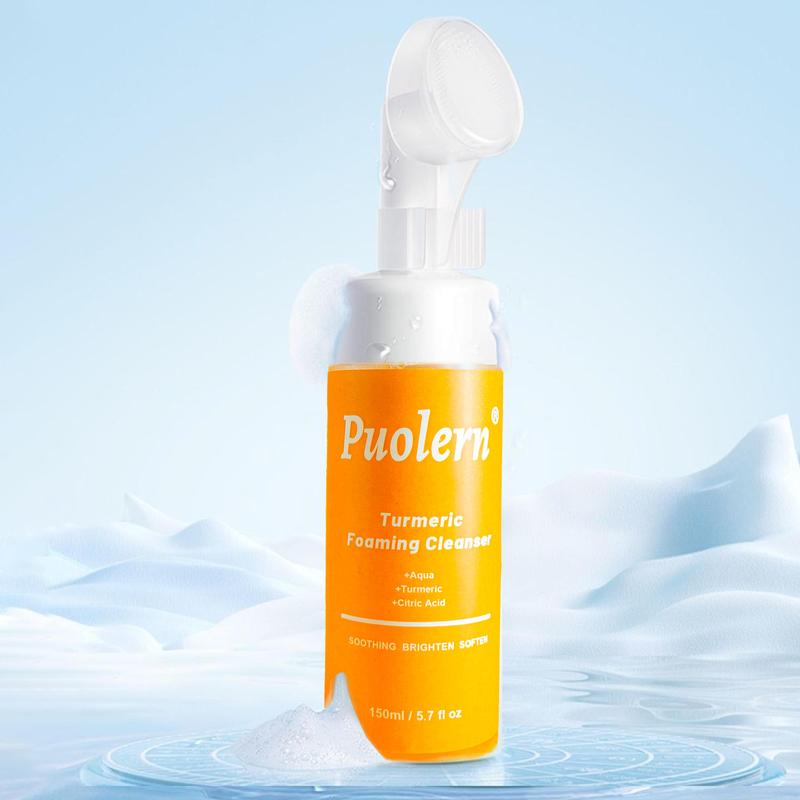 NEW-150ml-Puolern Turmeric + Kojic Acid Foaming Facial Cleanser + Silicone Brush Cleansing Skincare Comfort Skin Repair