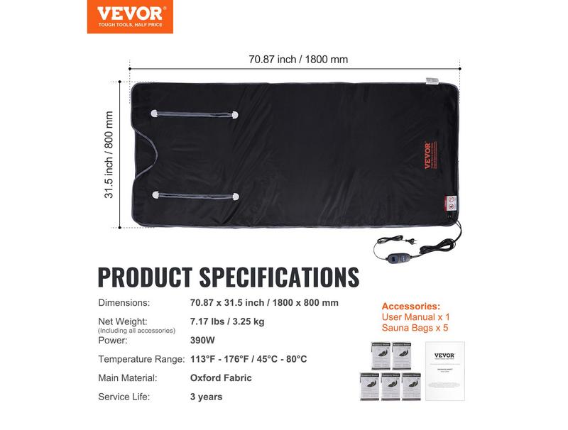 VEVOR Sauna Blanket for Detoxification, Portable Far Infrared Sauna for Home, Oxford Sauna Bag w  Arm Holes & Carbon Fiber Heating, 1-6 Level Adjustable Temp 95-176℉, 5-60 Minutes Timer, 71 x 31 in