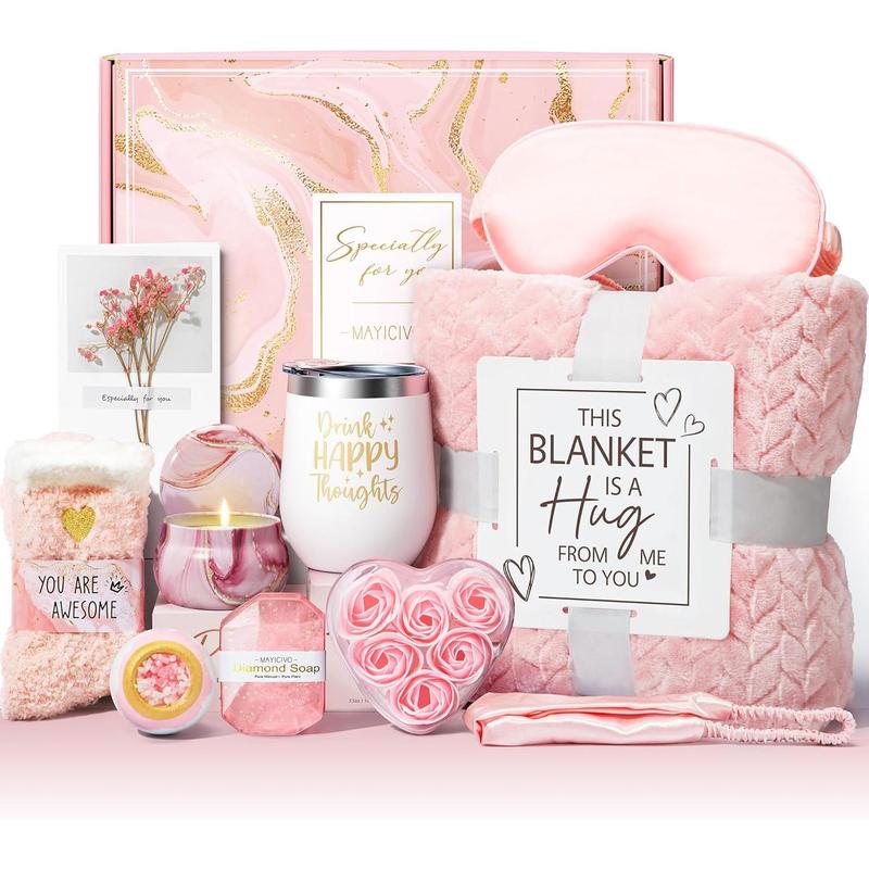 Birthday Gifts for Women Self Care Gifts Get Well Soon Gifts, Rose Relaxing Spa Gifts Basket Care Package w  Luxury Flannel Blanket, Unique Mothers Day Gifts Idea for Mom Her Best Friends Sister Wife