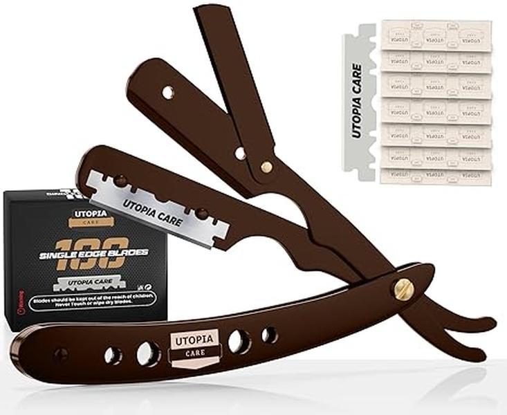 Utopia Care Professional Barber Straight Edge Razor Safety with 100-Pack Blades - 100 Percent Stainless Steel (Brown)