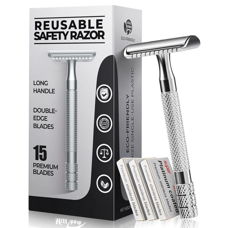 Safety Razor for Men with 15 Stainless Steel Double Edge , Long Handle Men's Single  Razors for Shaving, Imported Upgraded  Reduce Razor Burns,