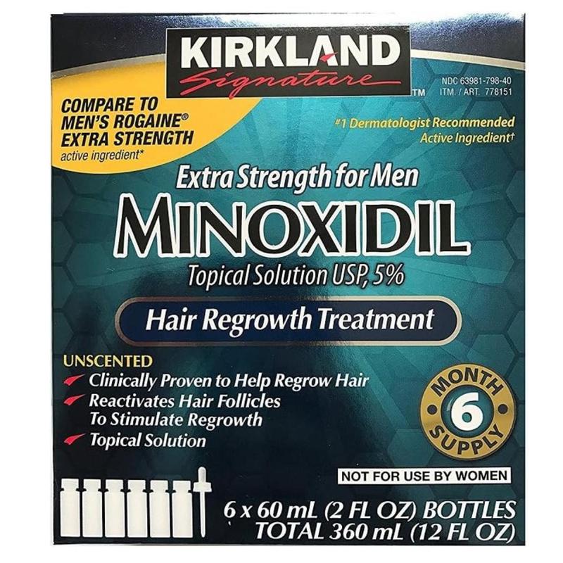 Kirkland Minoxidil 5% Extra Strength Liquid Hair Loss 1,3,4 6, 12-Months' Supply Mens Hair Regrowth Comfort Hair Care Pack Dropper