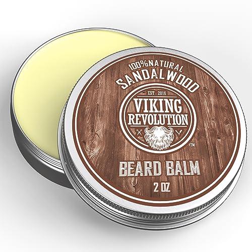 Beard Balm with Sandalwood Scent and Argan & Jojoba Oils- Styles, Strengthens & Softens Beards & Mustaches - Leave in Conditioner Wax for Men by Viking Revolution (1 Pack)