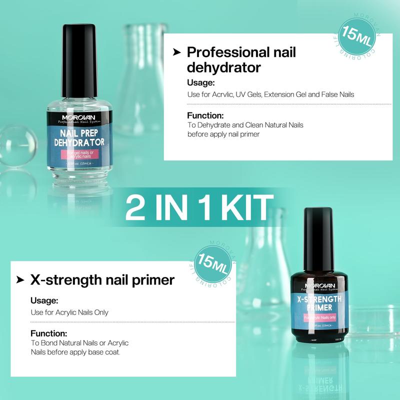 MOROVAN Nail X-strength Primer and Prep Dehydrator - No Burn Non Acid Nail Primer and Dehydrator for Acrylic Powder Fast Dry 0.5oz Nail Primer Set