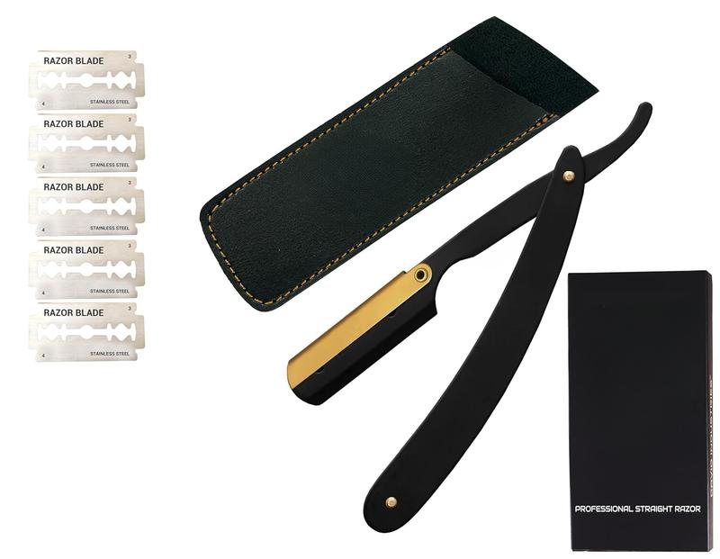 Professional Cut Throat Razor Kit - 24k Gold Plated Swing Lock with Royal Matt Black Round Handle - Barber Straight Razor for Men Stainless Steel - Shaving Kit