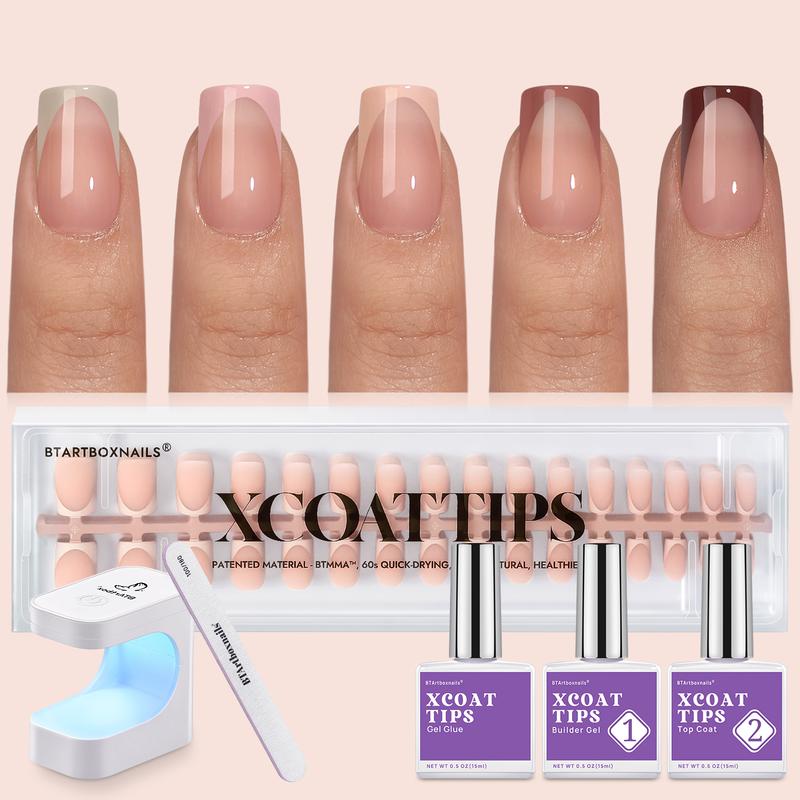 btartboxnails XCOATTIPS French Tip Press on Nails -Square or Almond Skin tones Press On Nails , 46.99$ Short Fake Nails Kit with UV Glue, Nails Lamp, All in One Soak Off Acrylic Fake Nail Extension