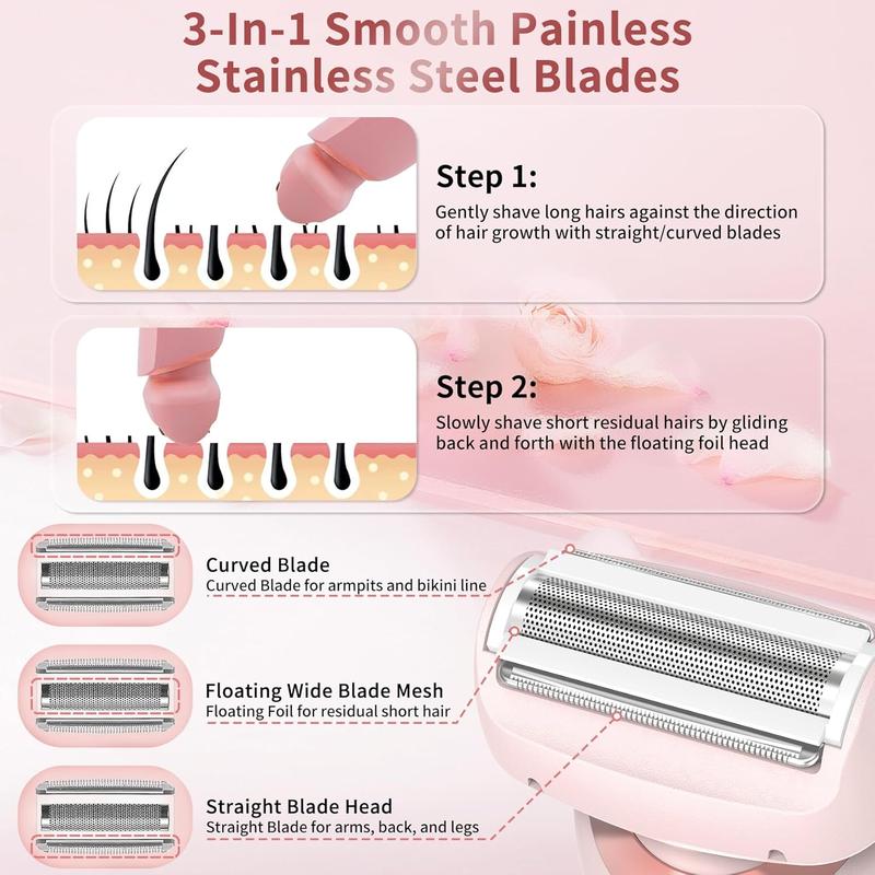 Comfort Women's Electric Shaver, Epilator Hair Remover，2-in-1 Cordless Razor with Detachable Head, Wet & Dry Use Rechargeable Bikini Trimmer for Women Legs Underarm Face Pubic Hairs, Summer Gift, Body Hair Trimmer, Christmas Gift