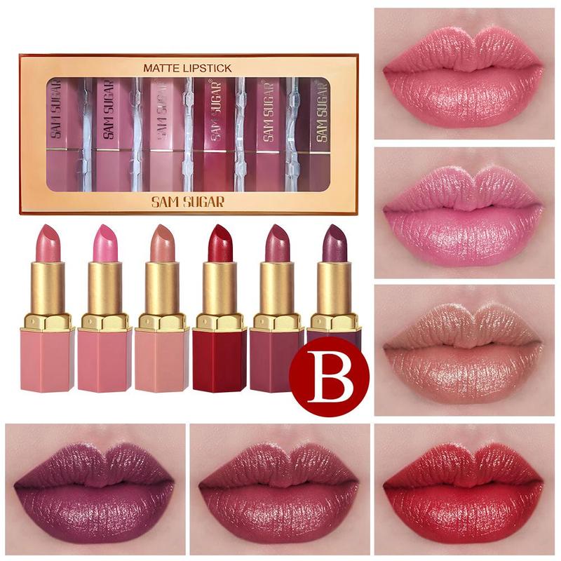 Long Lasting Matte Lipstick Set, 6 Counts set Moisturizing Shimmer Lipstick, Glossy Lip Glaze Stick, Plumping Lipstick for Girls & Women, Christmas Gift