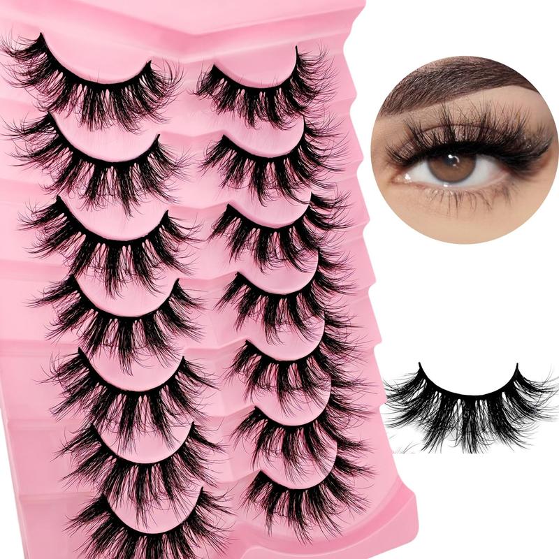 Fluffy False Eyelashes, 7 Pairs Wispy Cat Eye Look Faux Cluster Lashes, Natural Curling Eye Makeup Strip Lashes for Women & Girls Eye Makeup Enhancement