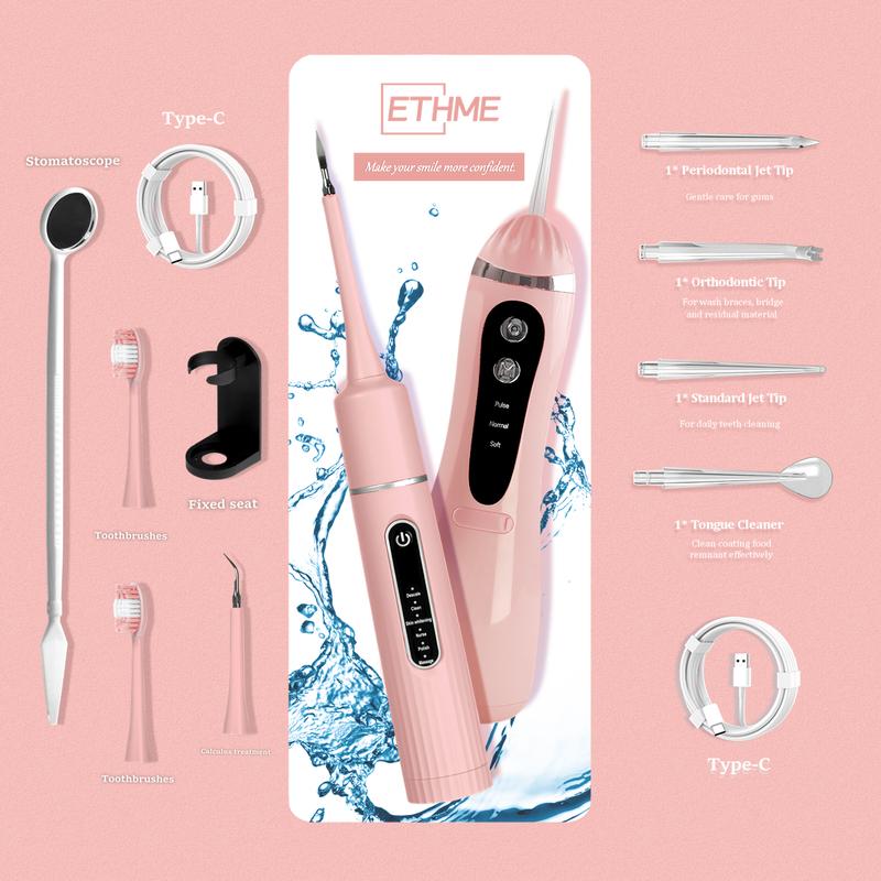 ETHME A16 Christmas Portable Dental Water Flosser Pink Oral Irrigator with 3 Modes and Replaceable Jet Tips for Braces Plaque Remover Waterproof Gift