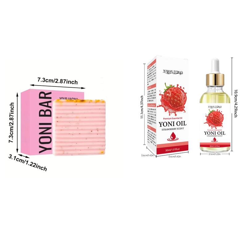 Strawberry Yoni Oil & Soap Set, 1 Set Moisturizing Body Care Set, Including Yoni Oil & Yoni Soap & Mesh Bag, Body Care Product for Women