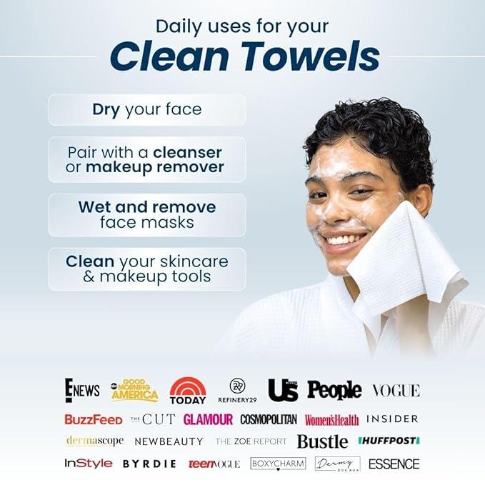 Clean Skin Clean Towels XL, 100% USDA Biobased Face Towel, Disposable Face Towelette, Makeup Remover Dry Wipes, Ultra Soft, 50 Ct, 1 Pack